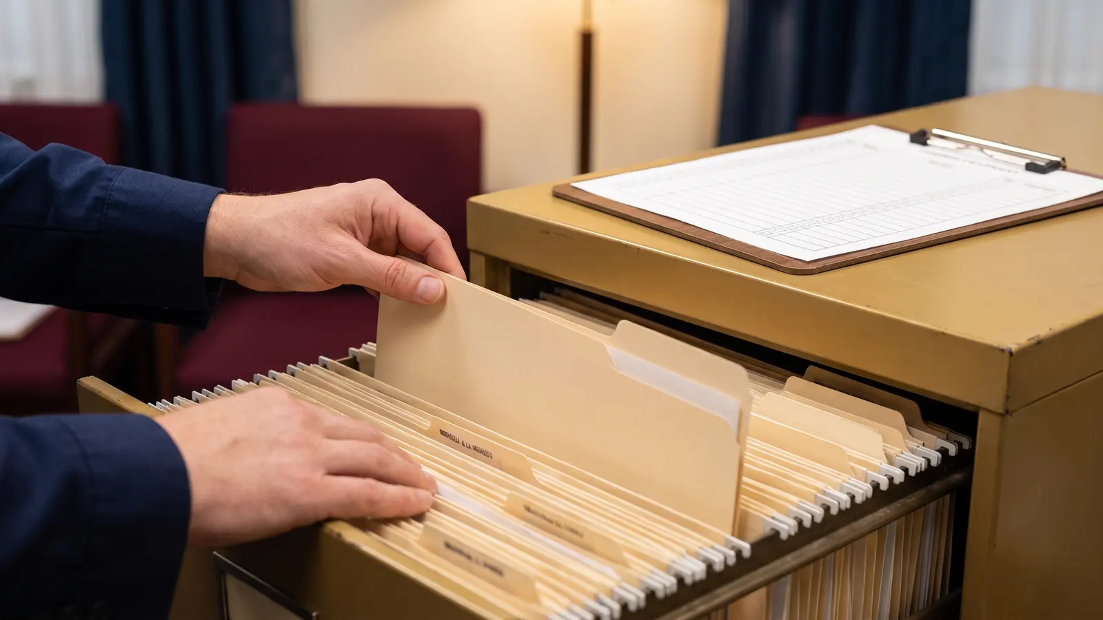 Driver qualification file service Driver qualification files organized in a filing cabinet