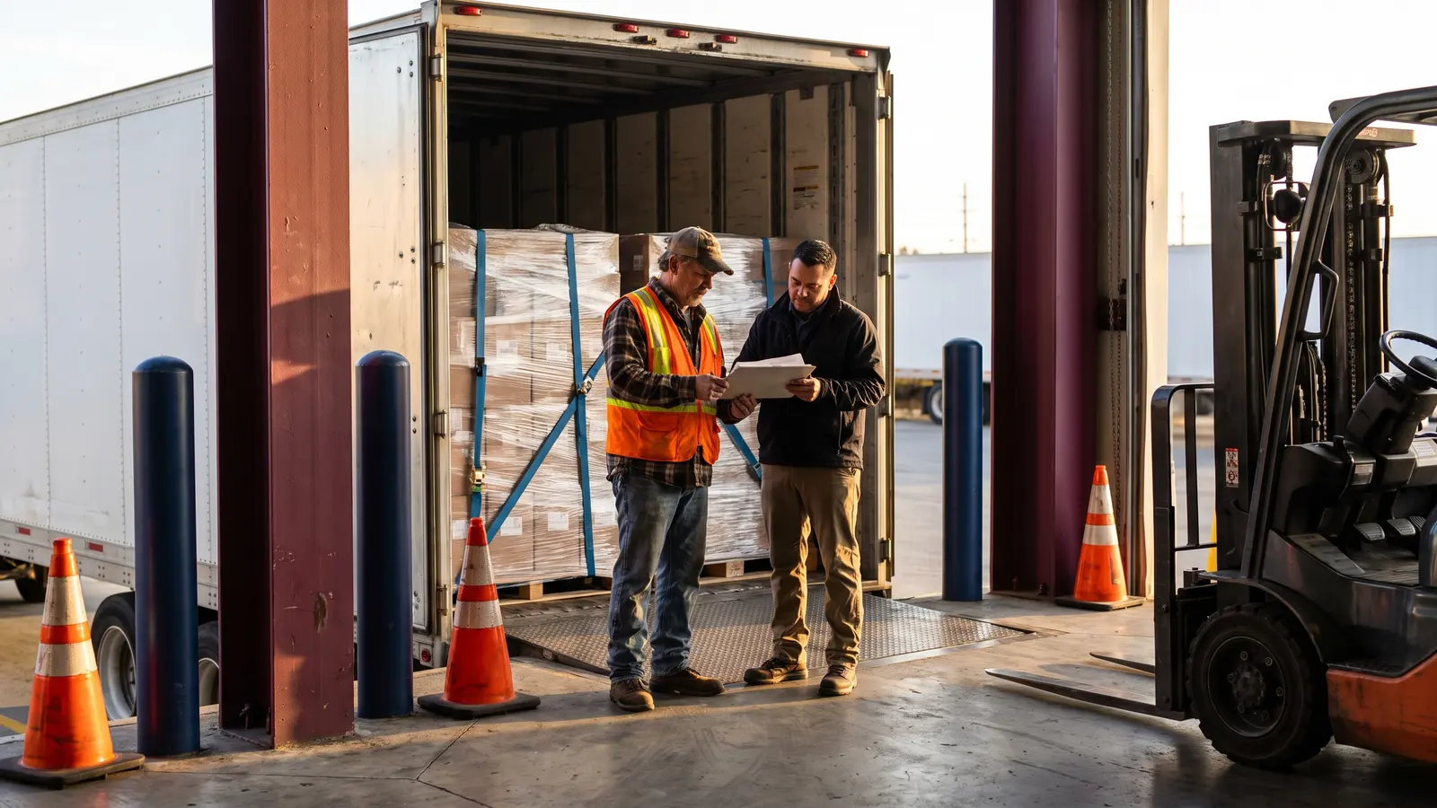 Hazmat freight rules for carriers and brokers Truck driver and dock supervisor reviewing shipping papers at the rear of a 53-foot dry van