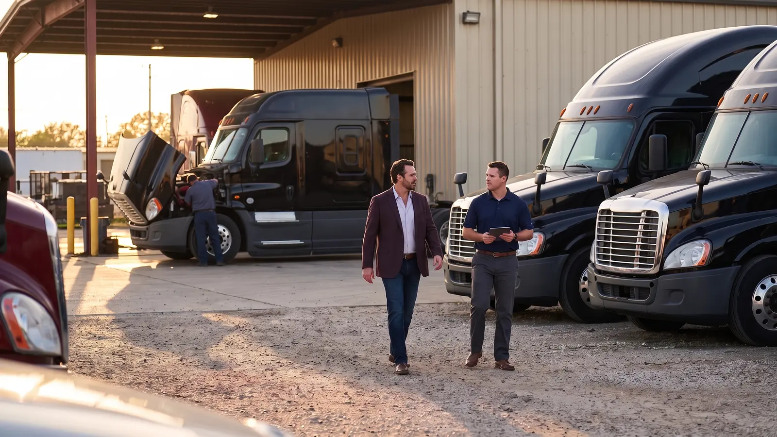 Equipment owner and a trucking company fleet manager walking beside black semi tractors in a Houston truck yard