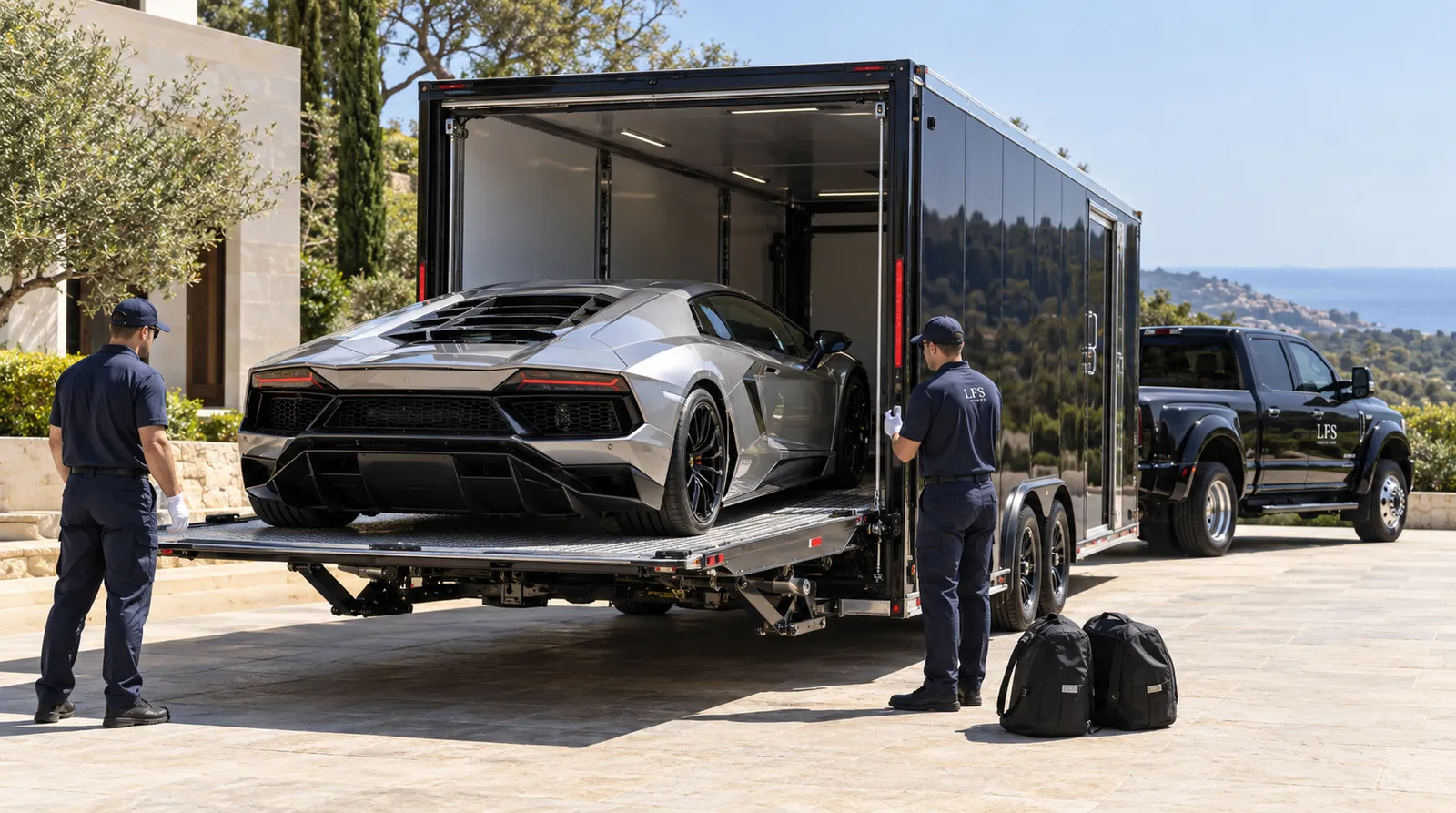 Loading an exotic car on an enclosed trailer Low exotic sports car loading level into a hard-sided enclosed trailer on a liftgate