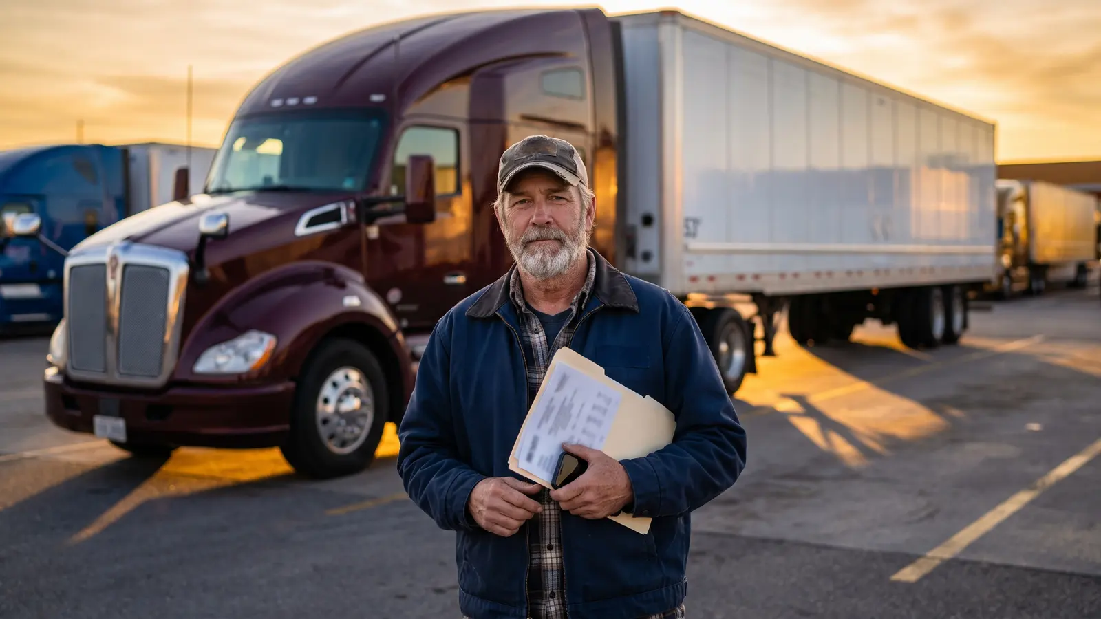 File a complaint against a freight broker Owner-operator holding his load paperwork beside his tractor-trailer, ready to file a freight broker complaint