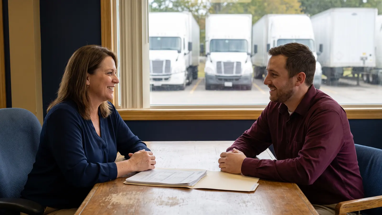Small fleet owner interviewing a truck driver applicant in her office