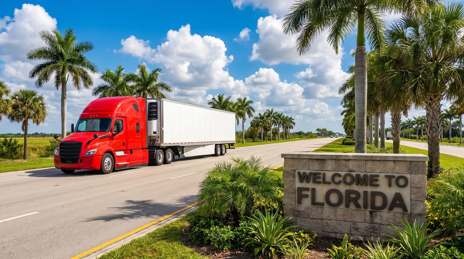 Semi truck transport in Florida Semi truck passing the Welcome to Florida sign, semi truck transport in Florida