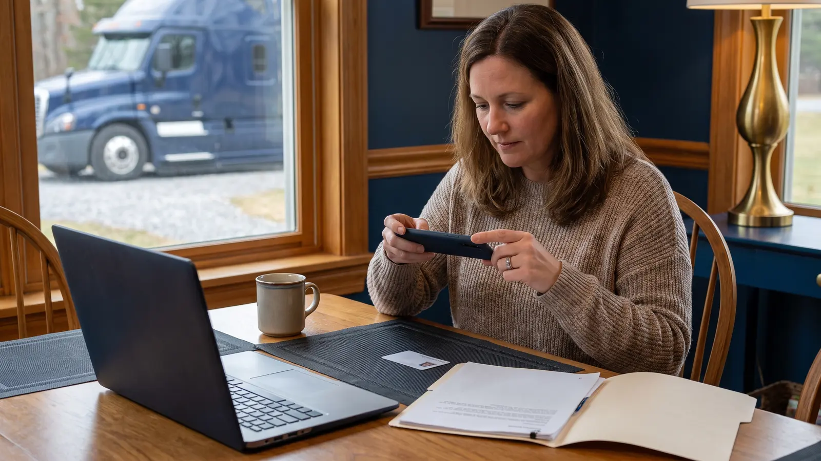 FMCSA Motus registration help Trucking company owner verifying her identity with a phone for FMCSA Motus registration