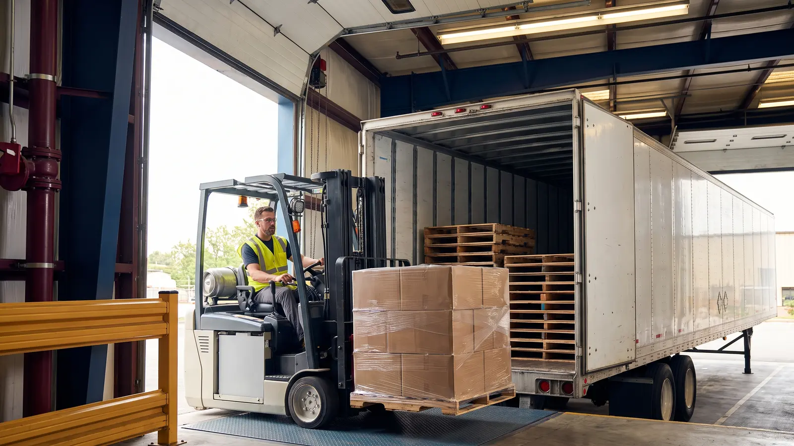 Where warehousing meets trucking Forklift loading shrink-wrapped pallets into a 53-foot dry van trailer at a warehouse dock