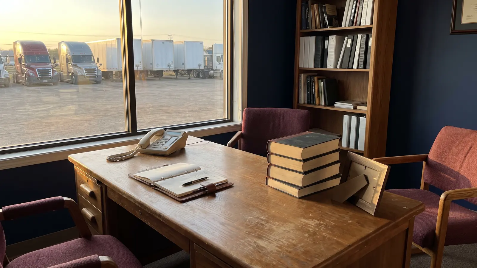 Michael Thomas, founder of LFS Founder's office with a wooden desk, stacked books and a window onto a truck yard