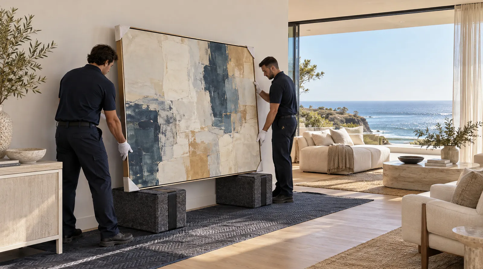 Placing framed art in a Malibu living room Large framed artwork being placed in a bright Malibu living room with ocean light