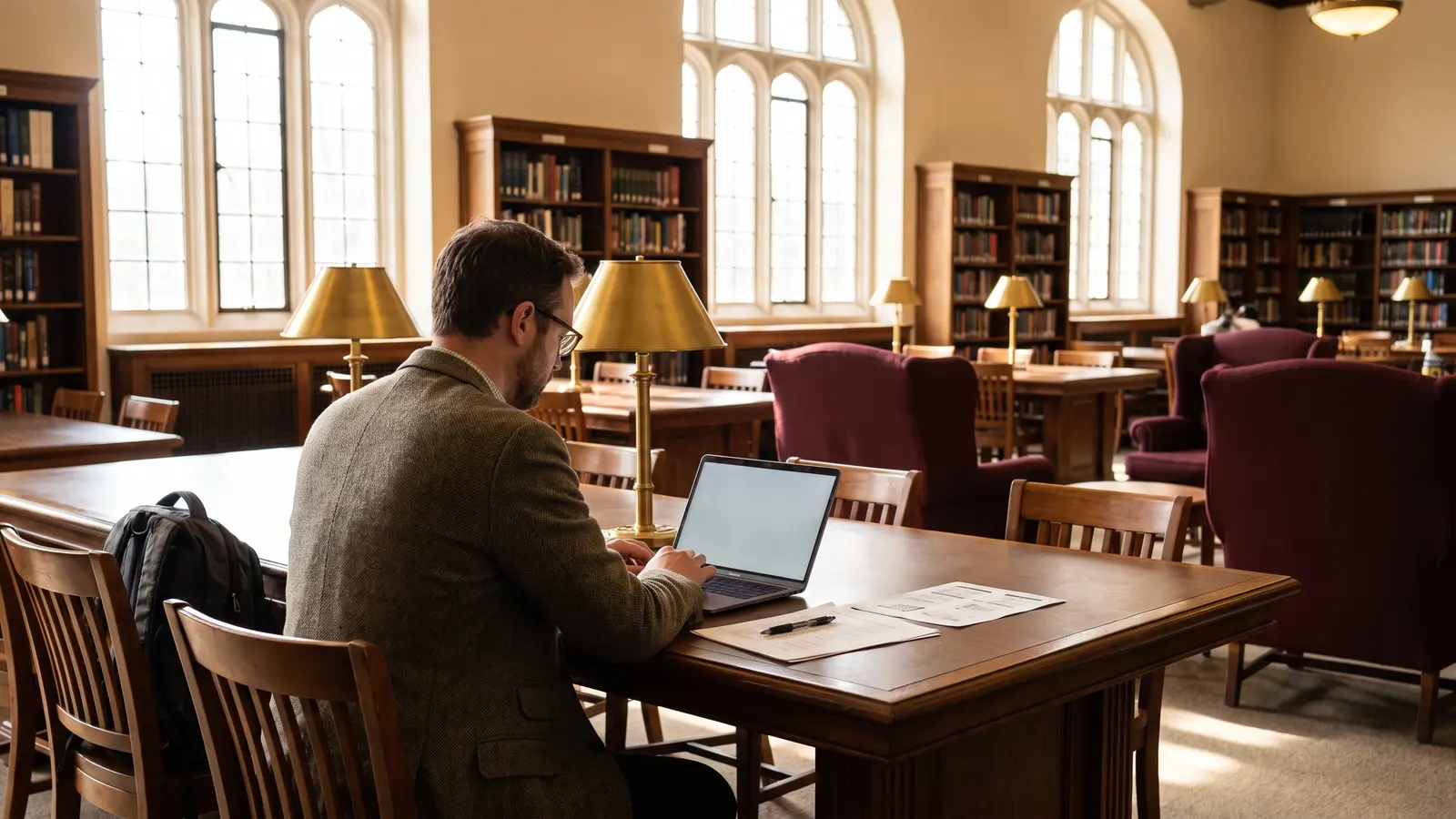 Freight agent applicant filling out an application on a laptop at a library table