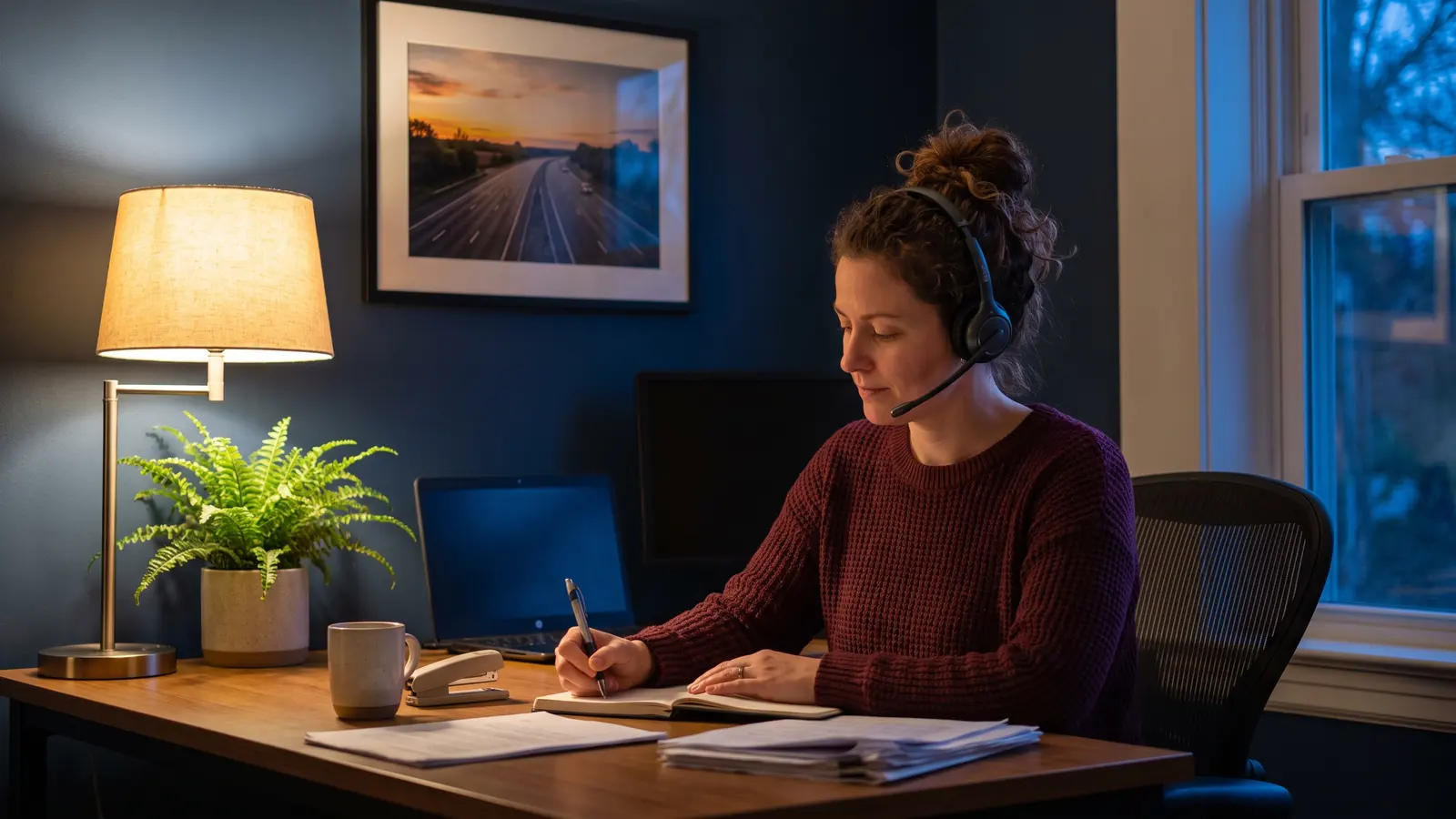 Freight agent placement with LFS Freight agent on a call in her home office taking notes