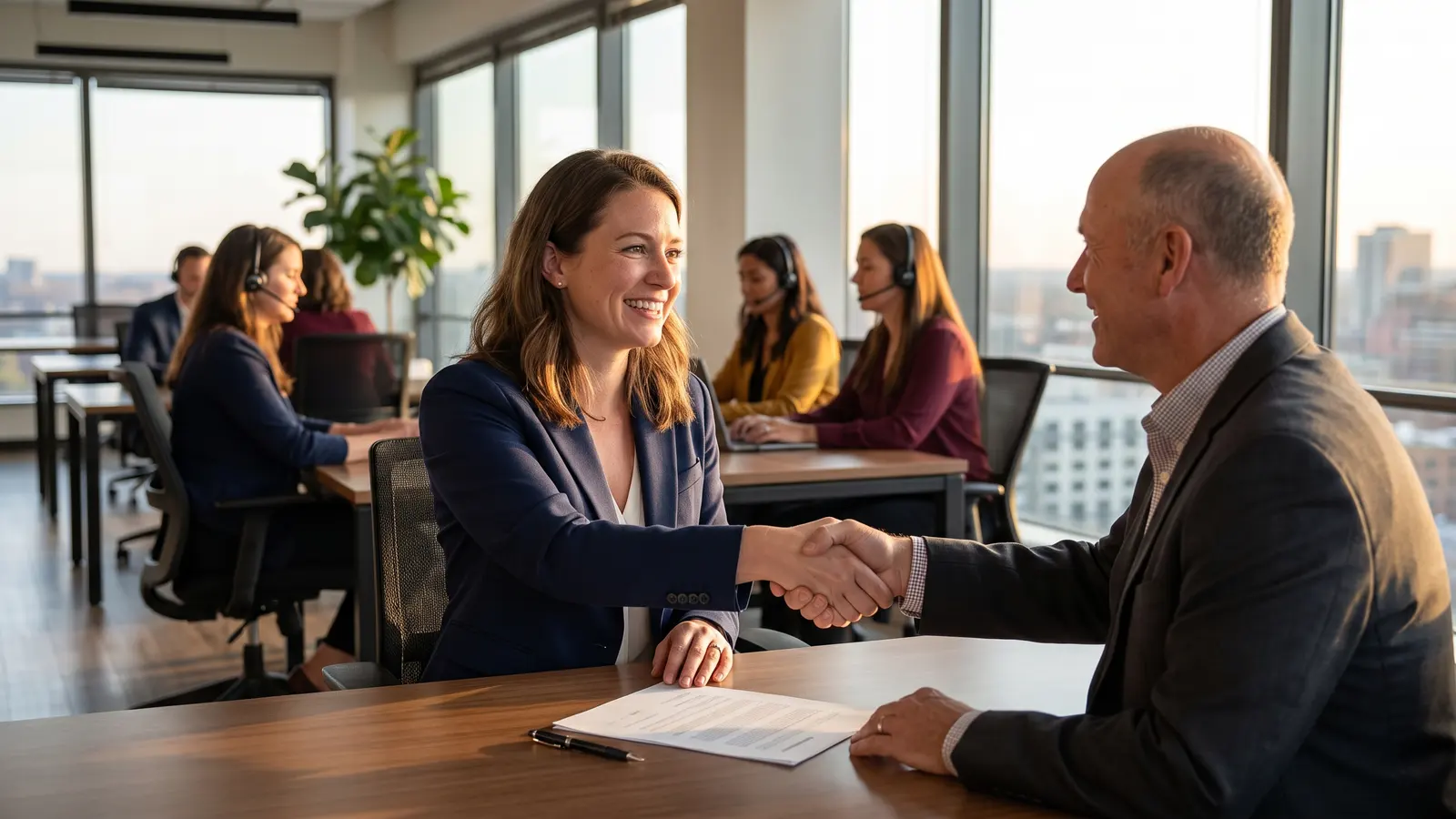 Freight agent job placement for qualified graduates New freight agent shaking hands with a brokerage manager after accepting a placement