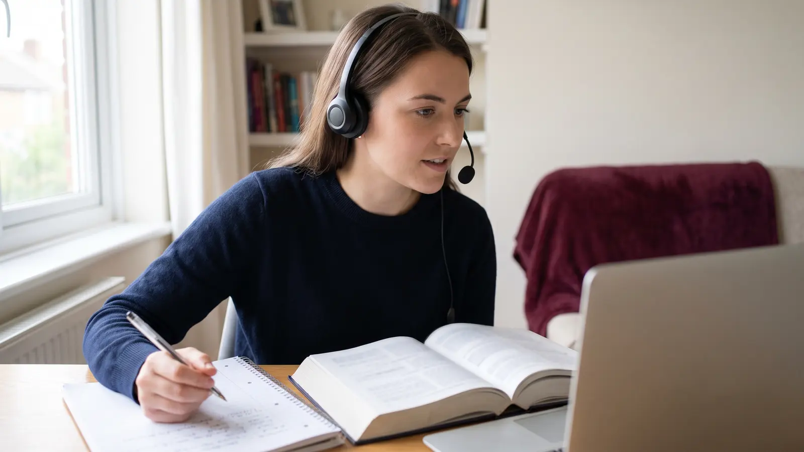 Freight agent student on a headset taking notes during a live online class at home