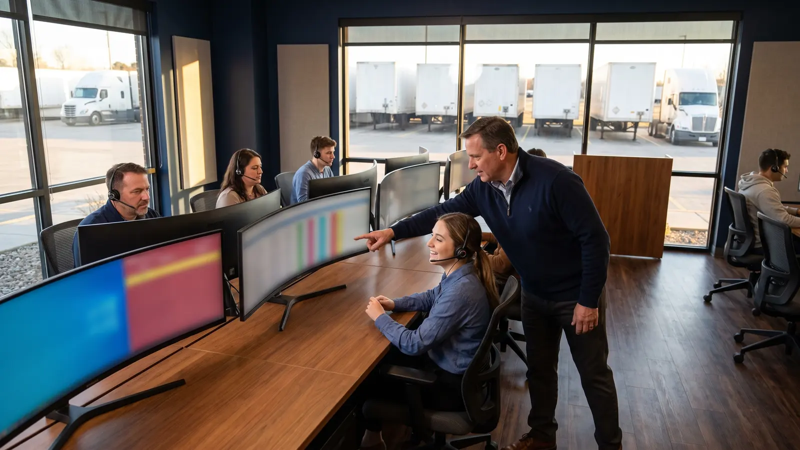 Freight broker agent training in the PLSP program Freight broker agent training: an instructor coaching a trainee on a headset call on a busy freight floor