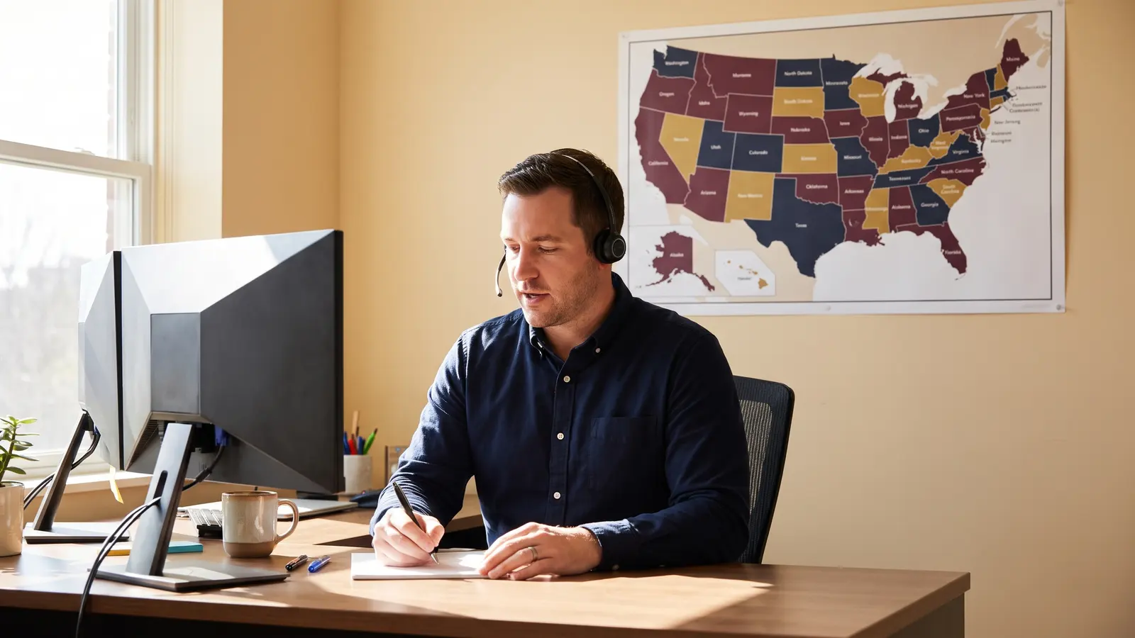 How to become a freight broker Freight broker on a headset at his desk covering a load for a shipper