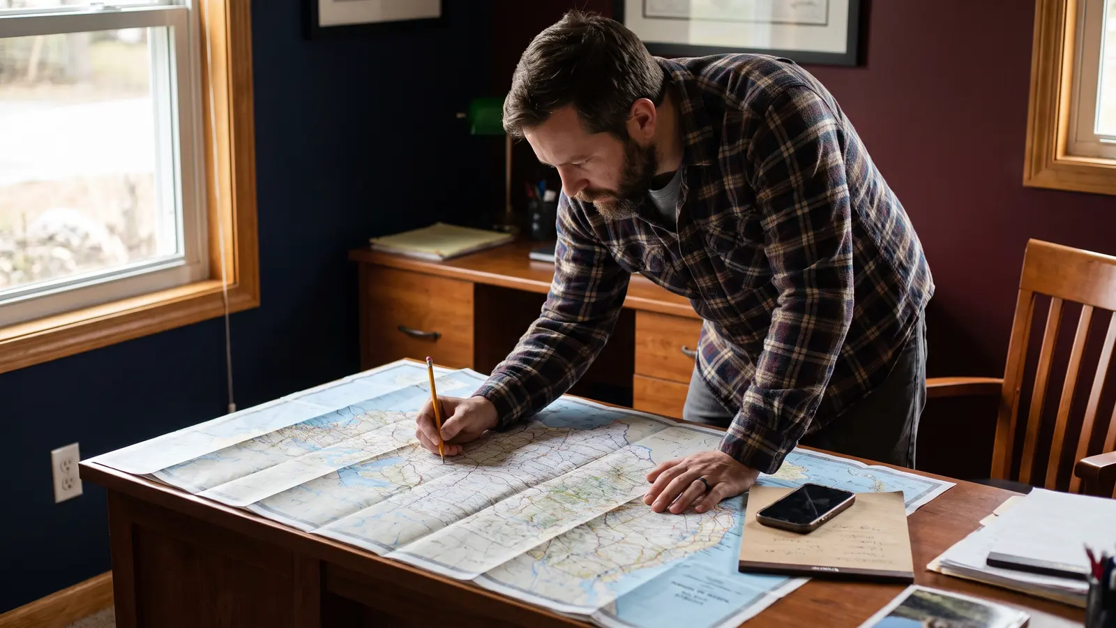 Freight broker tracing a route on a large paper road map at his desk to plan traffic lanes