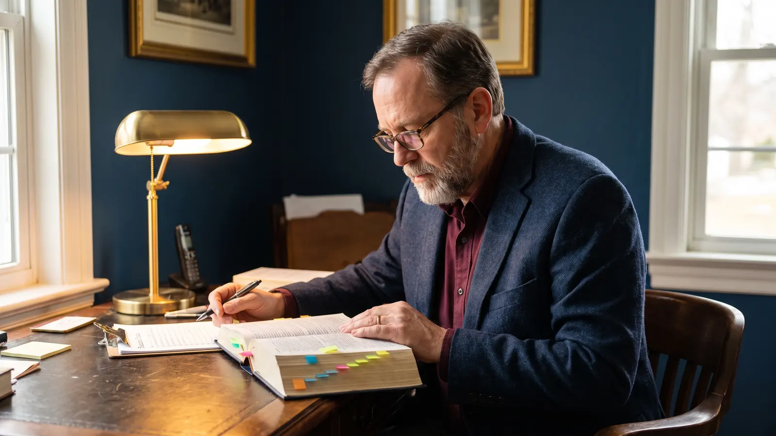 Freight broker with reading glasses studying a thick federal regulations book at his desk