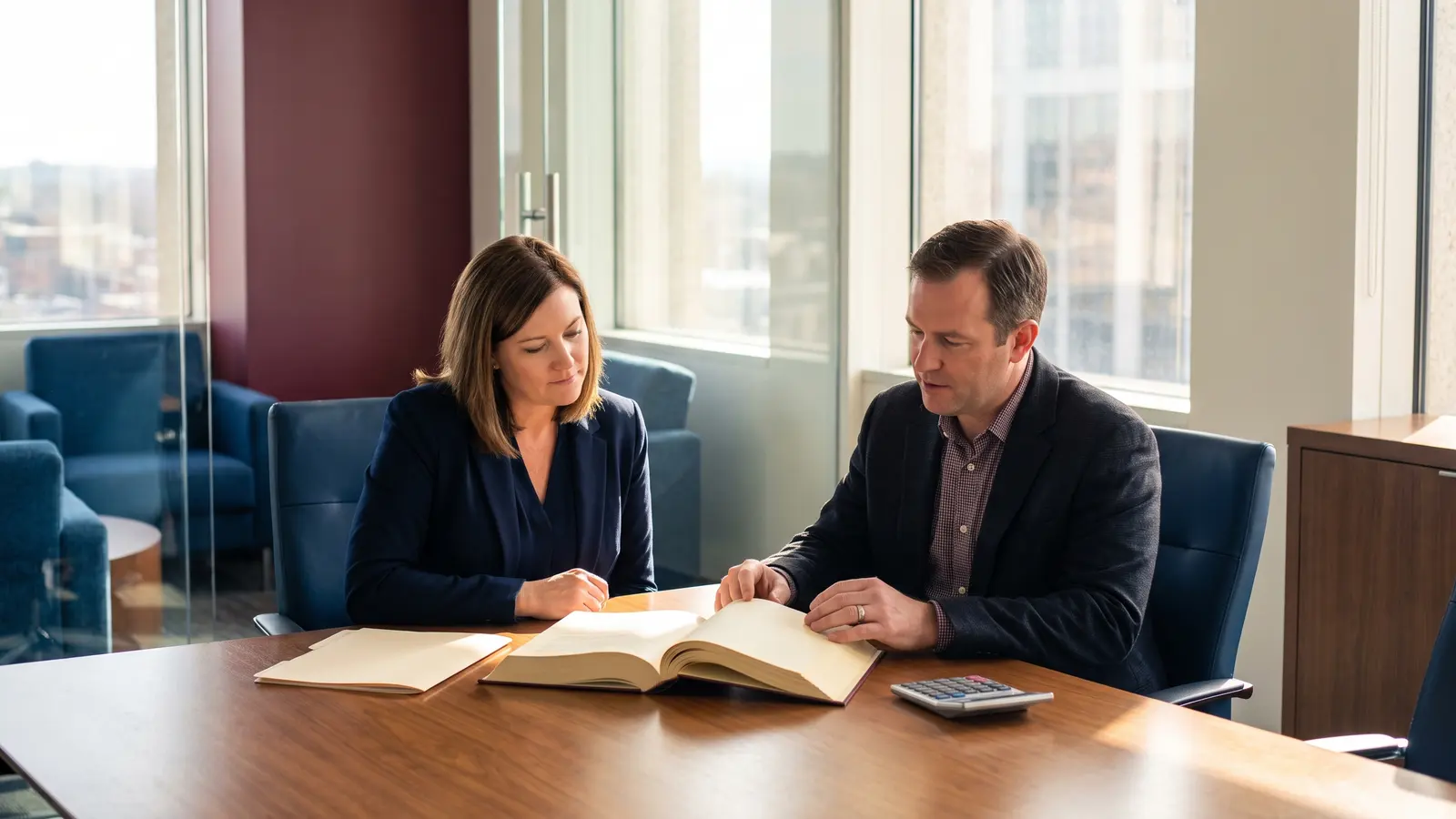 Freight brokerage owner reviewing surety bond paperwork with a surety agent at a conference table
