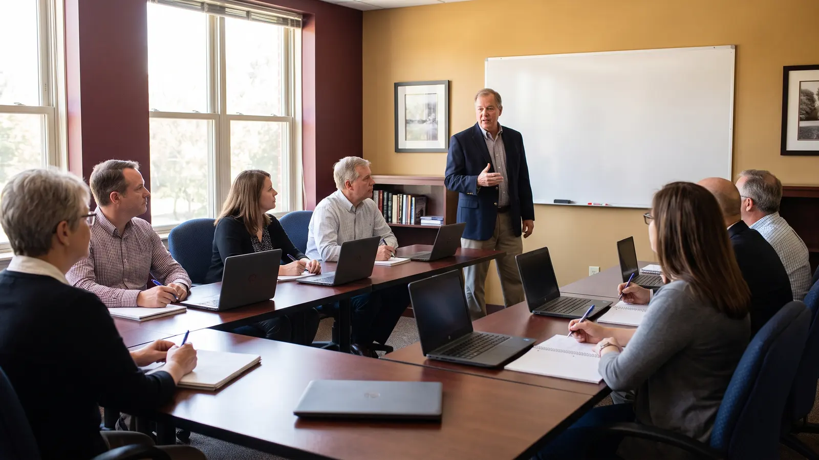 Freight broker certification and training Adult freight broker training class listening to an instructor in a bright classroom