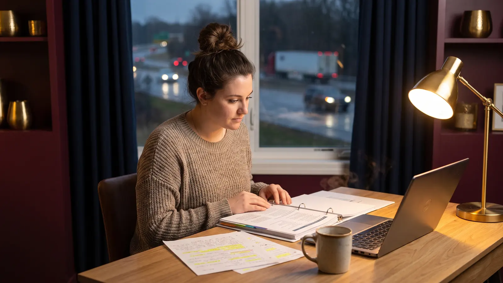 Learning freight brokering before getting authority Student studying freight brokering at home with a laptop and course workbook