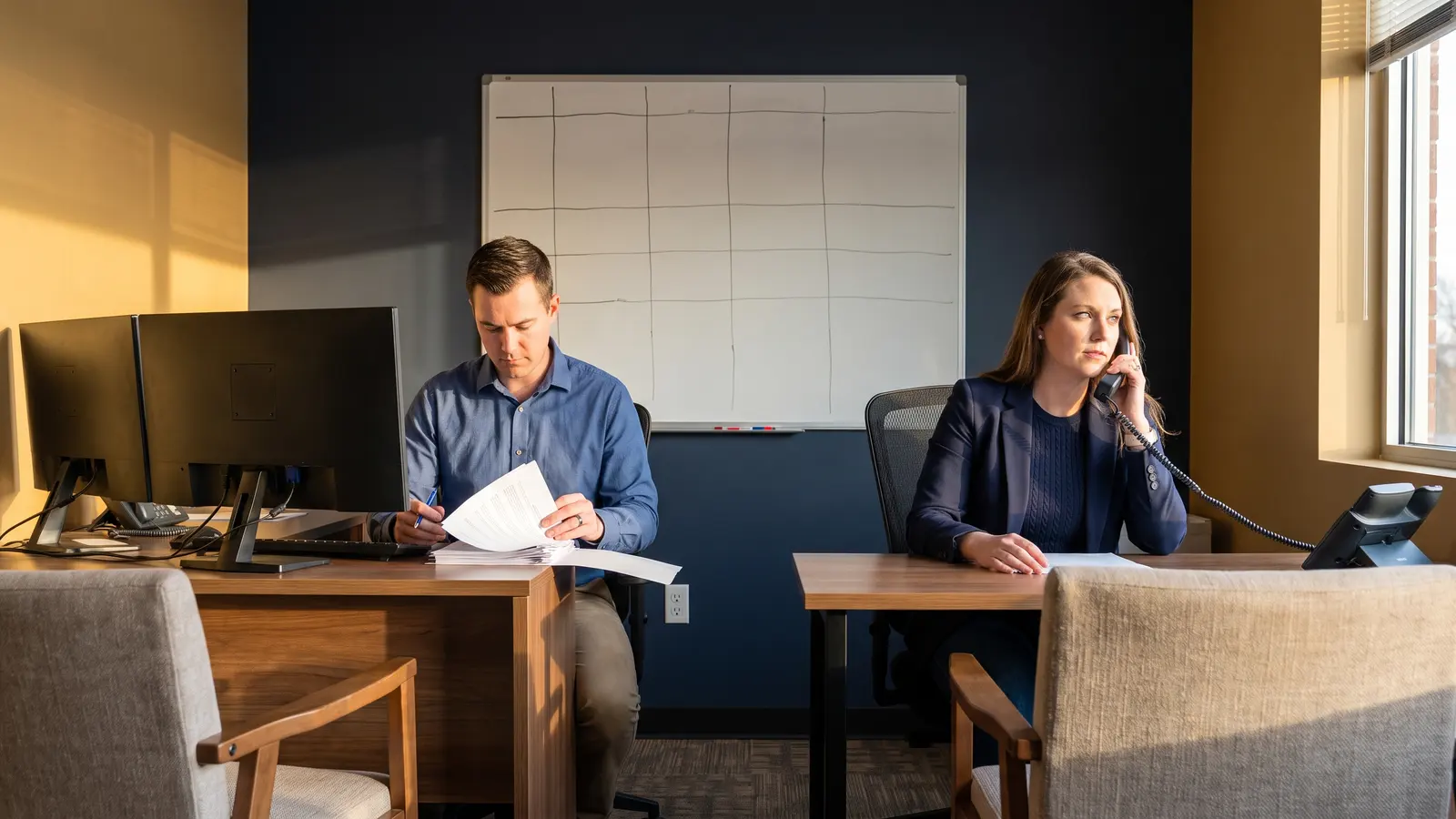 Freight brokerage business consulting Two people working in a new freight brokerage office