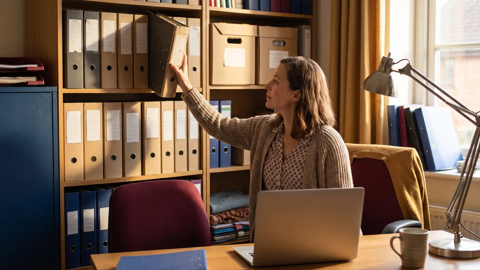 Compliance manager pulling a records binder from a shelf in a small freight brokerage office