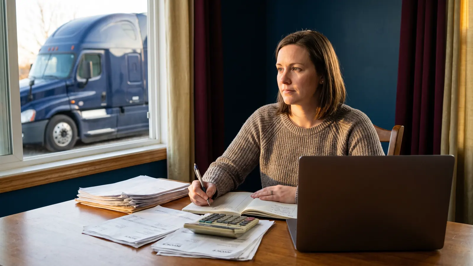 Freight factoring for small trucking companies Trucking company owner working through invoices and cash flow