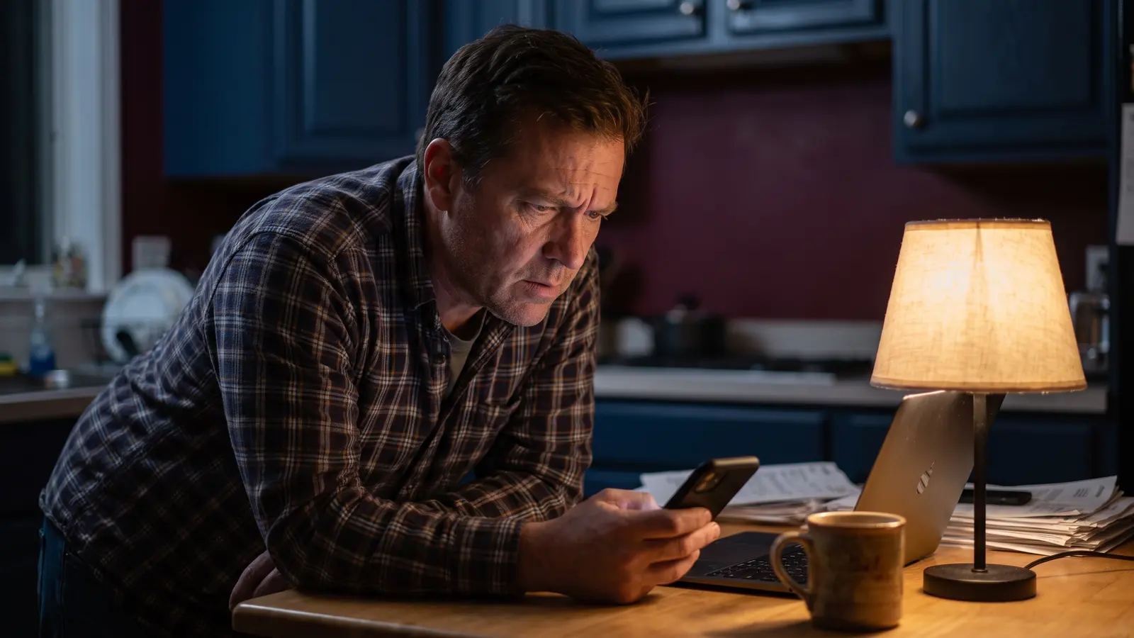 Freight fraud and trucking scams: warning signs Carrier owner checking a suspicious freight offer on his phone late at night