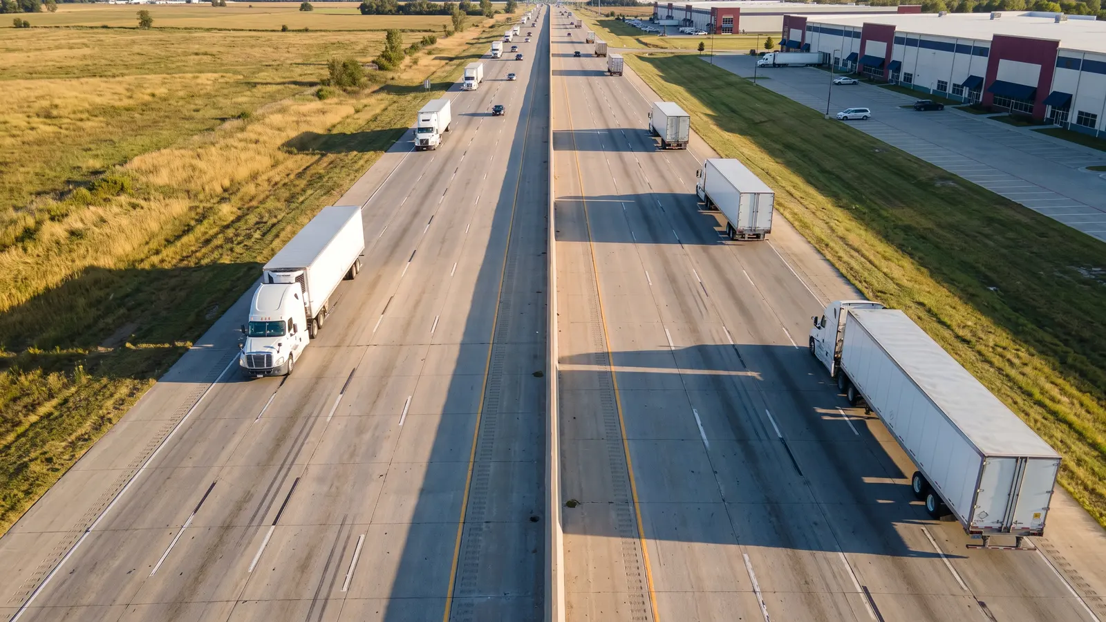Freight market report for small carriers Semi trucks with dry van and reefer trailers on a busy interstate beside distribution warehouses