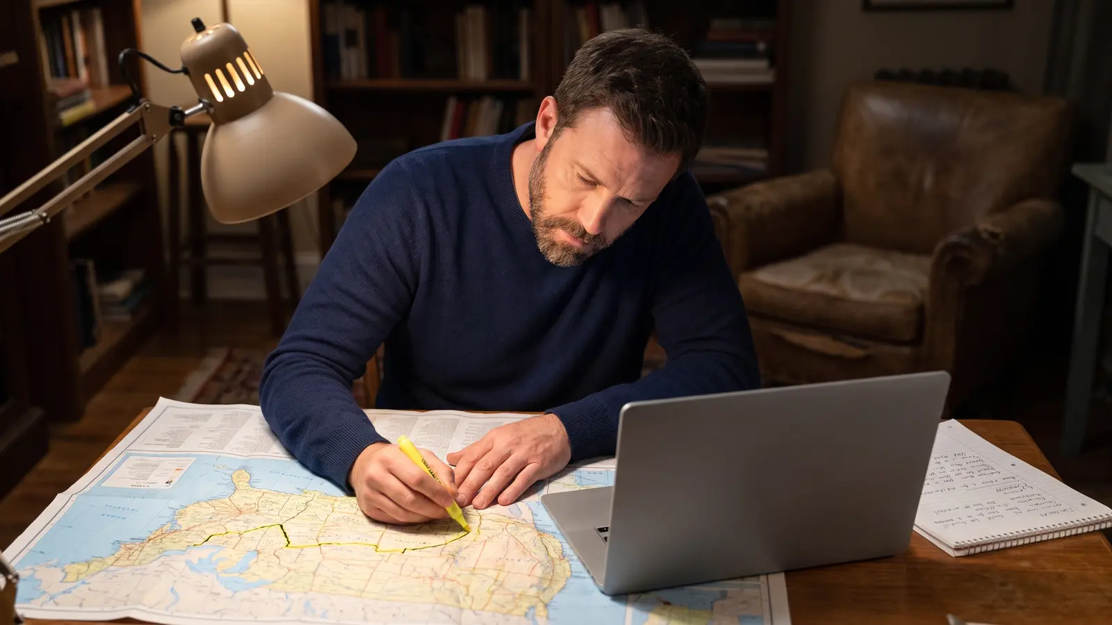 Freight research service for trucking companies Freight researcher planning trucking lanes on a printed U.S. highway map