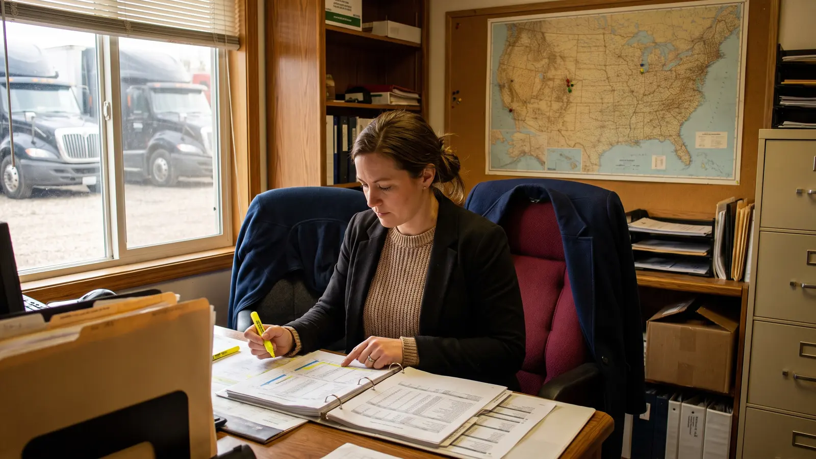 Freight researcher vs. dispatcher Freight researcher studying lane and rate charts with a highlighter in a trucking company office