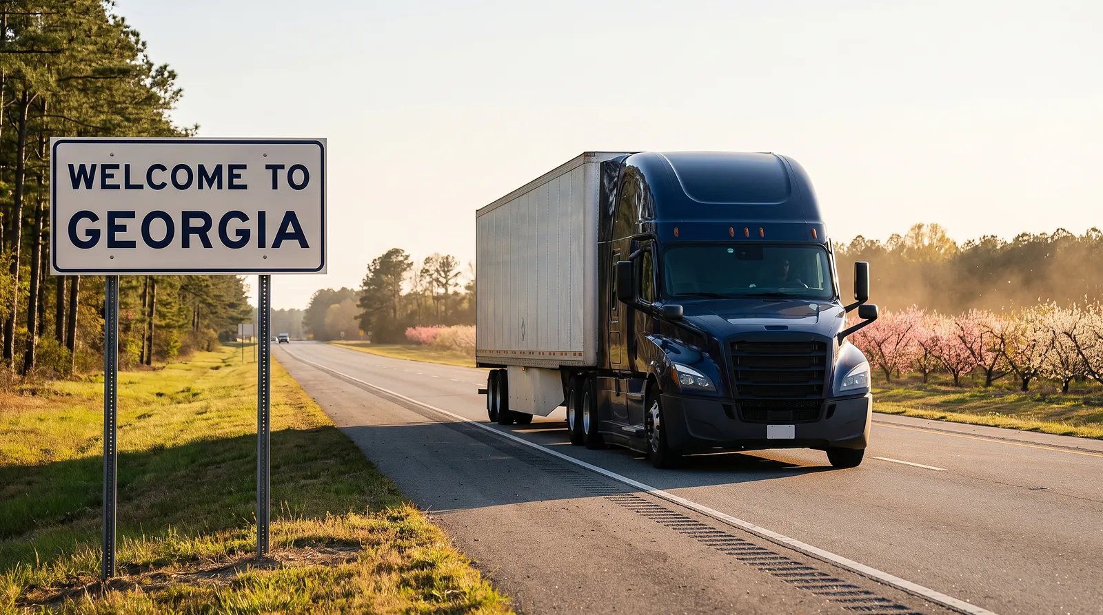 Semi truck transport in Georgia Semi truck passing the Welcome to Georgia sign, semi truck transport in Georgia