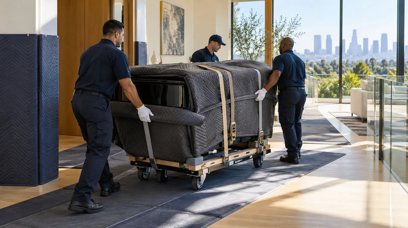 Moving a grand piano in Los Angeles Crew moving a grand piano on floor runners with wall pads in a Los Angeles home