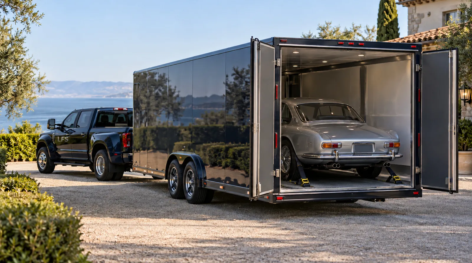 Classic car inside an enclosed trailer Hard-sided enclosed car trailer open to show a classic car, with an LFS pickup in frame