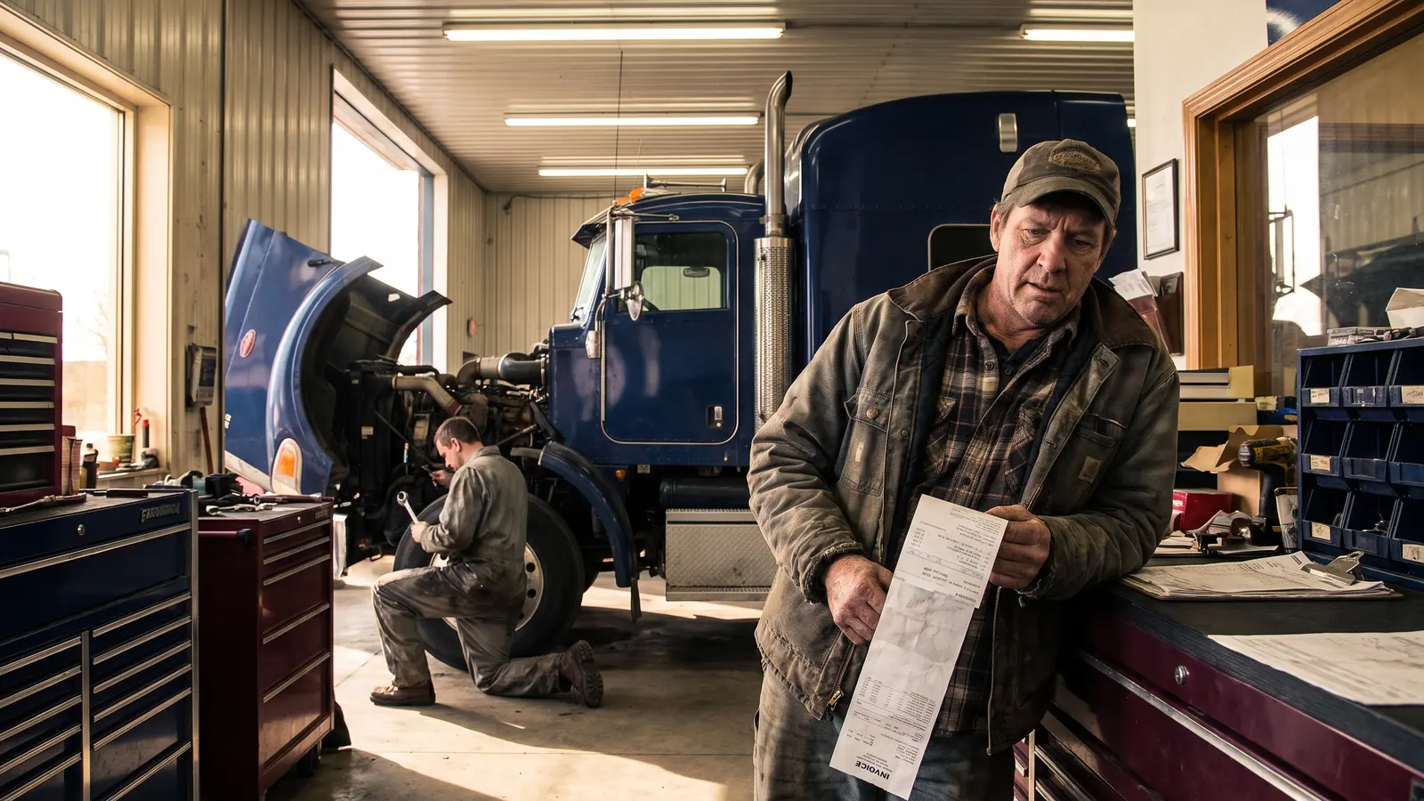 Heavy-Duty Repair Transparency and Fairness Act (HD-RTFA) Truck owner reviewing a long repair invoice at a heavy-duty truck shop