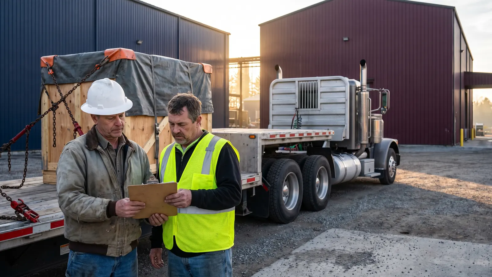 Choosing a heavy haul trucking company Shipper and truck driver reviewing a heavy flatbed load secured with chains in an industrial yard