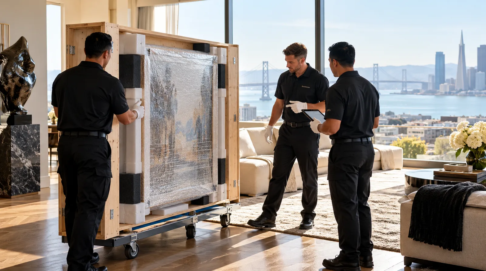 A high-value move with the San Francisco skyline Crew coordinating a high-value item with the San Francisco skyline through large windows