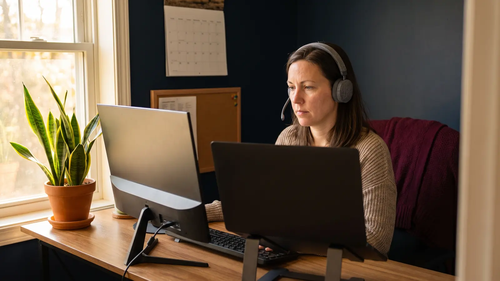 Home freight broker on a headset at a desk with two monitors in a spare-room office