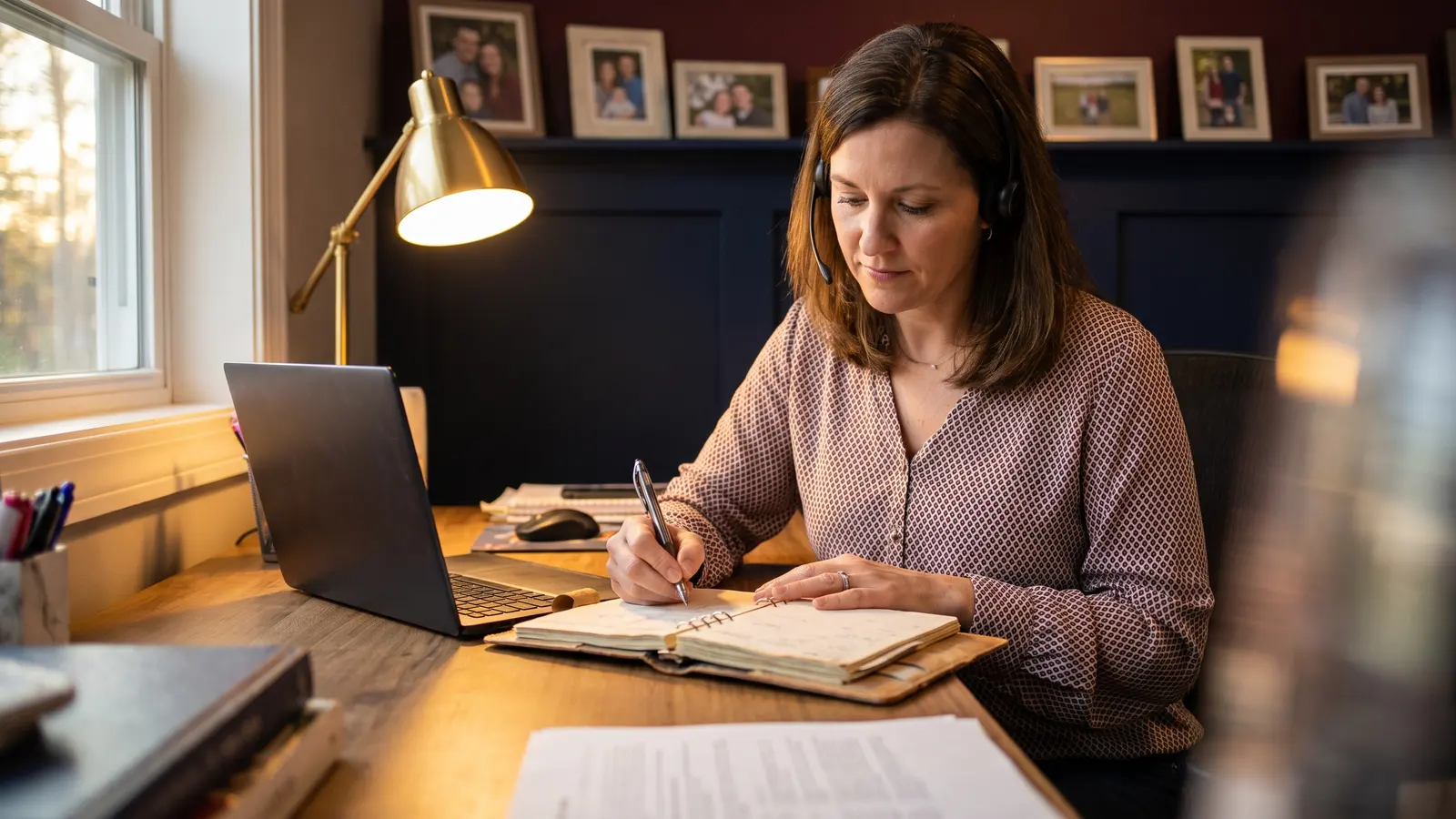 Home truck dispatcher on a headset writing in a day planner at her desk in the evening