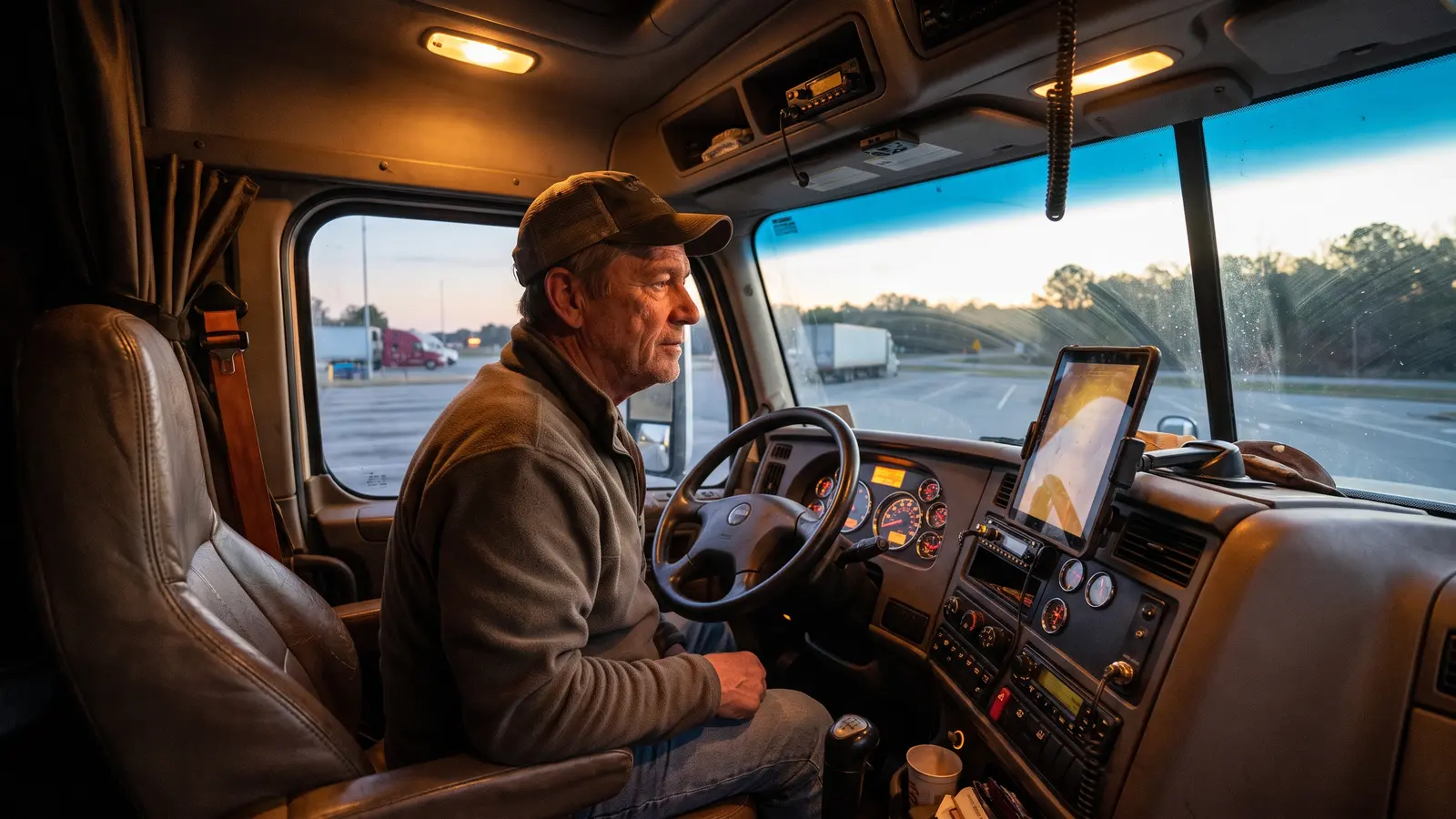 Hours of service and ELD compliance Truck driver checking the electronic logging device in his cab