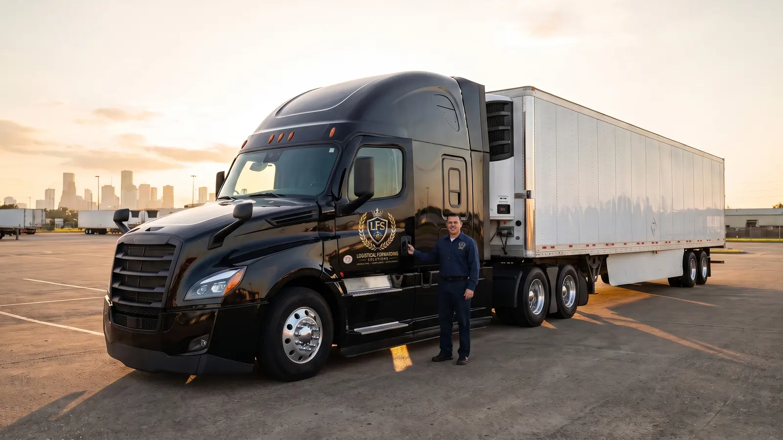 Black sleeper semi with the Logistical Forwarding Solutions crest on the door, white 53-foot reefer and uniformed driver