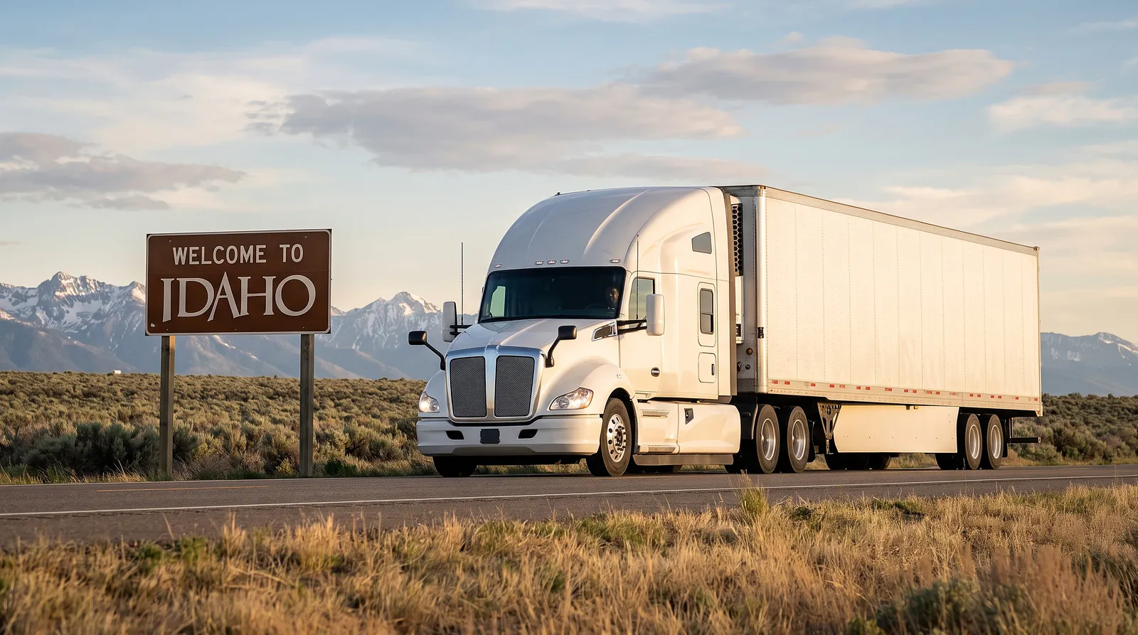 Semi truck transport in Idaho Semi truck passing the Welcome to Idaho sign, semi truck transport in Idaho