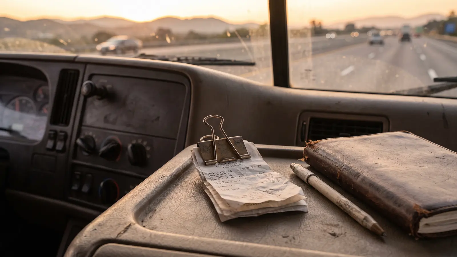 IFTA and IRP explained for small trucking companies Fuel receipts and a notebook on a semi truck dashboard
