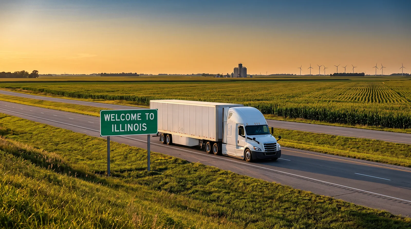 Semi truck transport in Illinois Semi truck passing the Welcome to Illinois sign, semi truck transport in Illinois