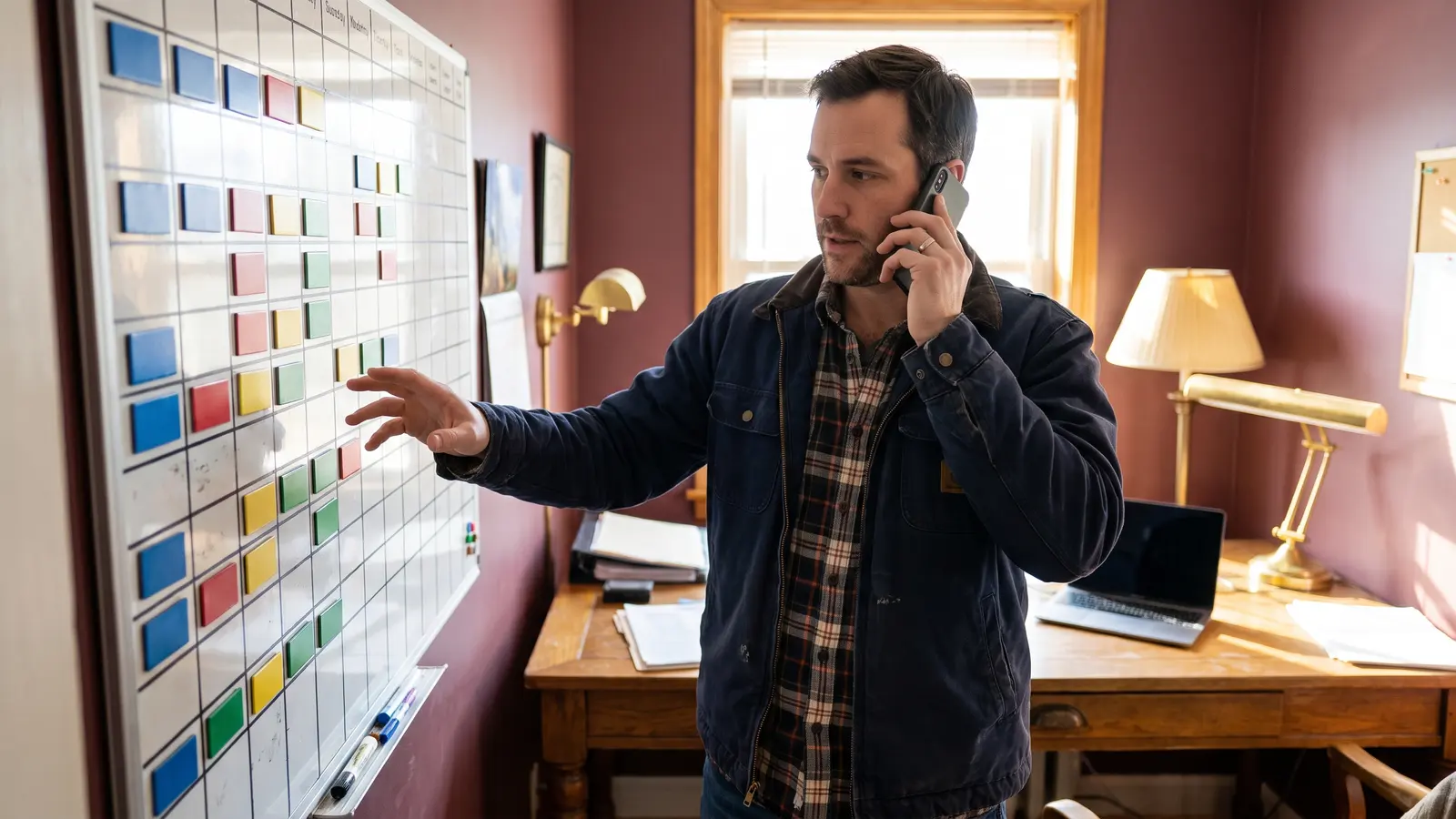 Independent truck dispatcher with a phone beside a whiteboard schedule in his small office