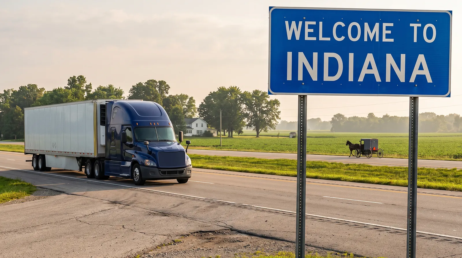 Semi truck passing the Welcome to Indiana sign, semi truck transport in Indiana