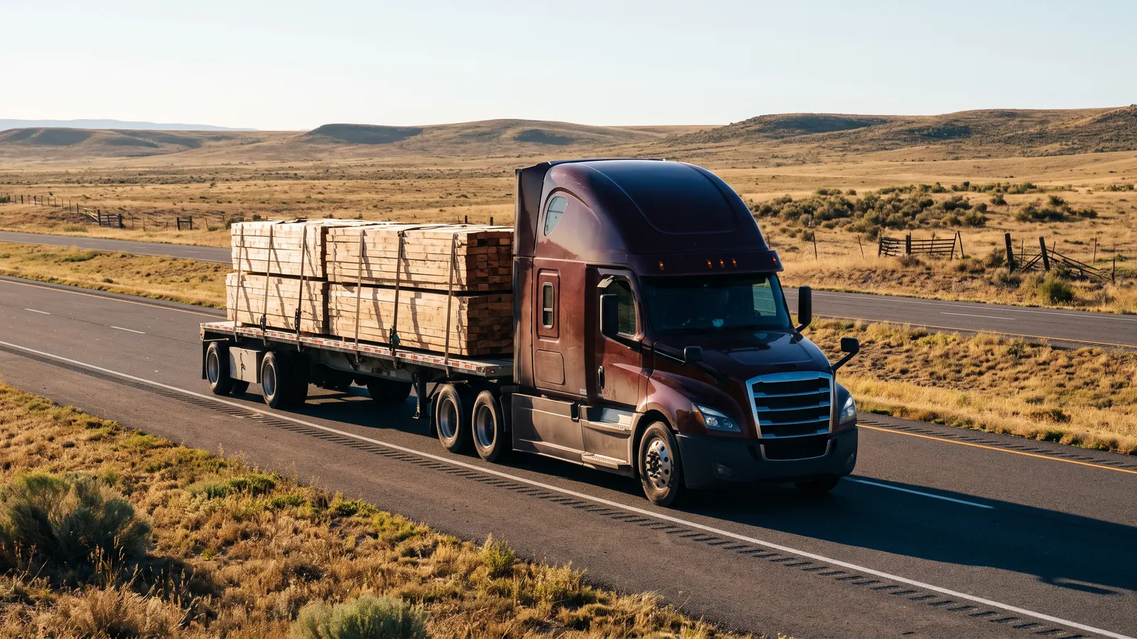 Intrastate trucking authority and USDOT help Flatbed semi-truck hauling lumber on a two-lane state highway inside one state