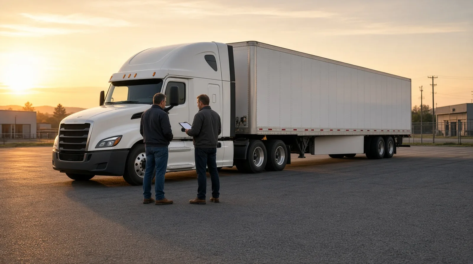 Invest in a semi truck with LFS management Truck buyer and fleet manager reviewing a checklist beside a white semi truck and 53-foot trailer at sunset