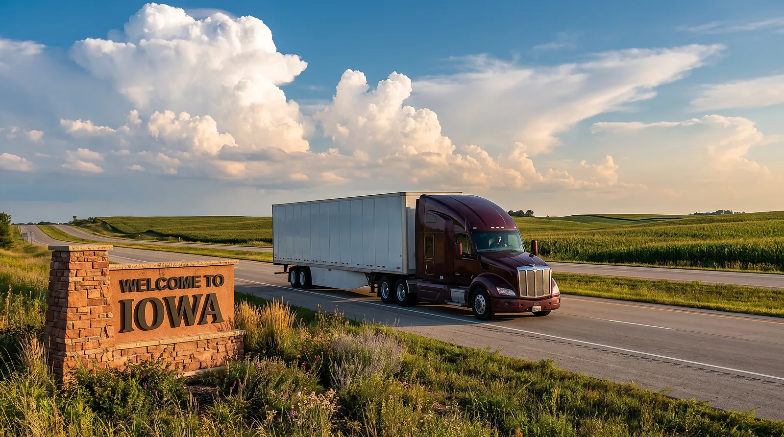Semi truck transport in Iowa Semi truck passing the Welcome to Iowa sign, semi truck transport in Iowa