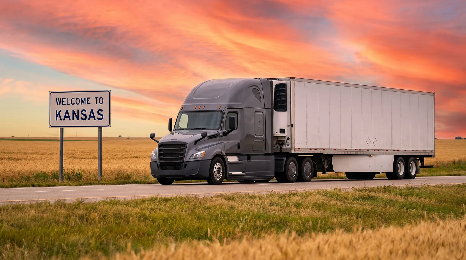 CDL-A truck driver jobs in Kansas Semi truck with a 53-foot trailer passing the Welcome to Kansas sign on the highway