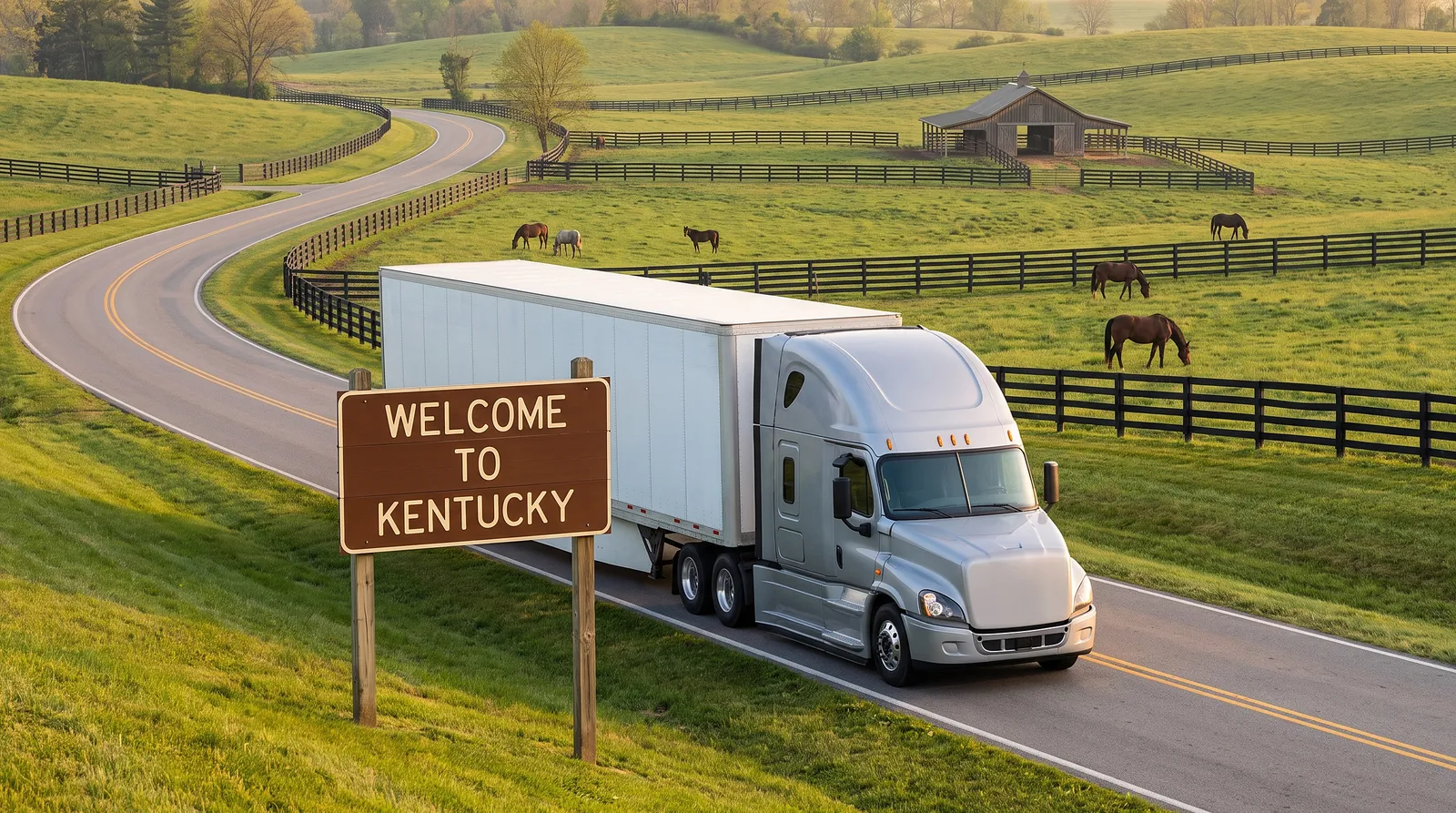 CDL-A truck driver jobs in Kentucky Semi truck with a 53-foot trailer passing the Welcome to Kentucky sign on the highway