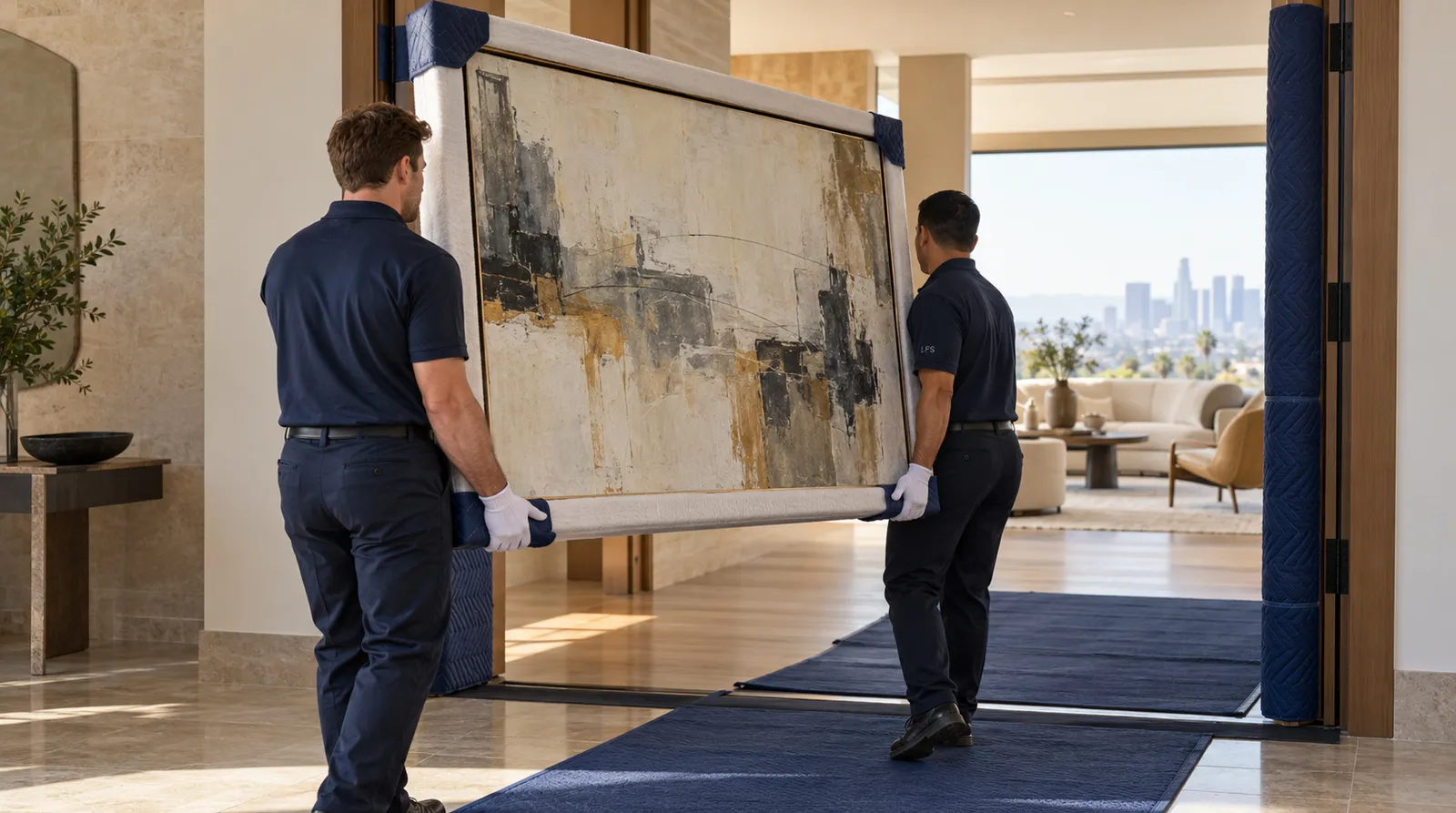 Large artwork through a Los Angeles doorway Large artwork angled carefully through a wide doorway in a Los Angeles residence